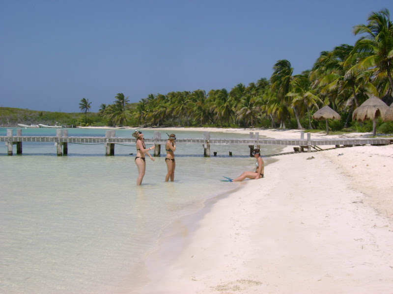 Snorkelers wading from a white-sand Contoy beach into shallow clear water beside a wooden pier and palm trees