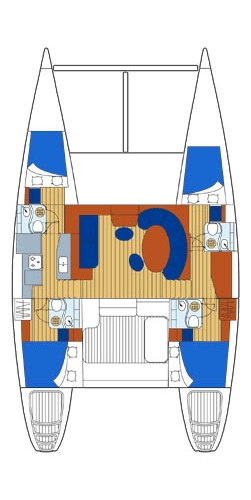 Deck plan of the Lagoon 470 sailing catamaran showing four cabins, bathrooms, galley and central saloon layout for Puerto Morelos charters