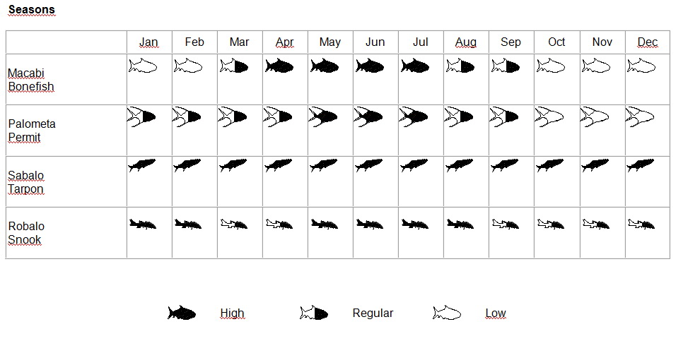 Fly-fishing seasonality chart for bonefish, permit, tarpon and snook in Mexican Caribbean flats and estuaries by month